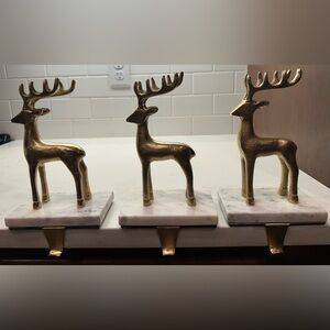 3 Gold Reindeer Stocking Holders Marble Base- Wondershop